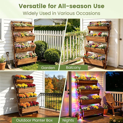 4-Tier Wooden Garden Raised Bed with 11-Mode LED Lights and Timer | 51"H Vertical Wall-Leaning Planter with Tilt-Out Boxes& Drainage Holes for Vegetables Herbs Flowers Patio