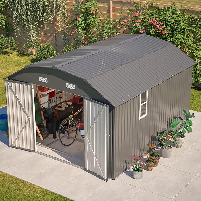 YOPTO 10×12 FT Outdoor Storage Shed,Heavy-Duty Metal Shed with Floor Base,All Weather Waterproof Tool Shed W/Diamond Roof & Windows,Lockable Double Door & 4 Air Vents,for Backyard,Patio,Lawn,Gray