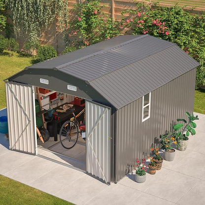 YOPTO 10×12 FT Outdoor Storage Shed,Heavy-Duty Metal Shed with Floor Base,All Weather Waterproof Tool Shed W/Diamond Roof & Windows,Lockable Double Door & 4 Air Vents,for Backyard,Patio,Lawn,Gray
