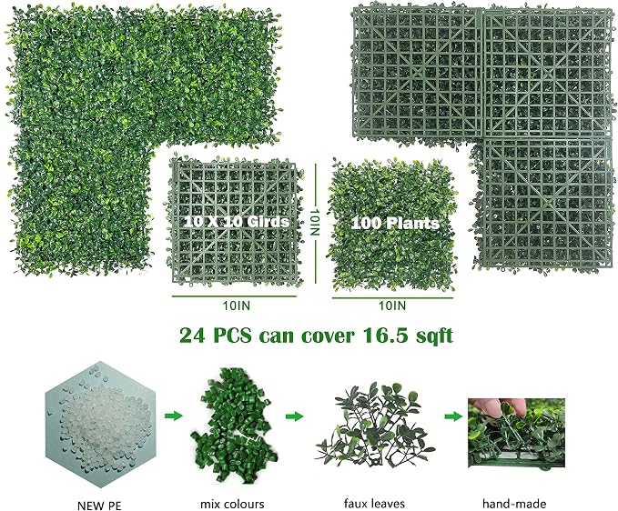 Bybeton 24pk 10"x10" Fake Boxwood Greenery Backdrop Privacy Fence Screen | 24pk Dense 3D Fake Boxwood for Privacy. Odorless & SGS Certified. Easy DIY Snap-Lock. For Fence, Balcony & Backdrop.