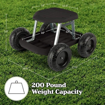 Gardening Stool - Rolling Garden Seat with Wheels and Storage Tool Tray - Garden Cart Scooter - Yard Tools by Pure Garden (Black)