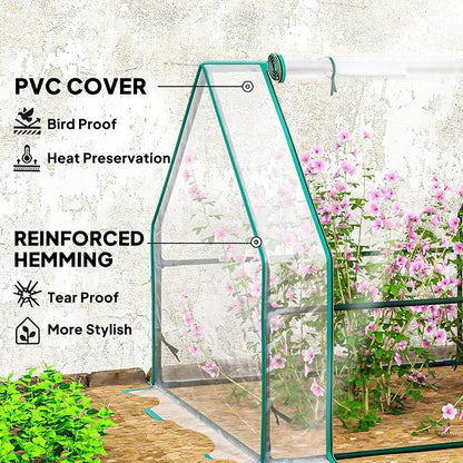 Outsunny 12' x 3' x 3'Mini Greenhouse with Zippered Doors & Roll-up Windows, Portable Plant Hot House with PVC Cover, Water Resistant, UV Protected for Outdoor Flowers, Vegetables, Clear