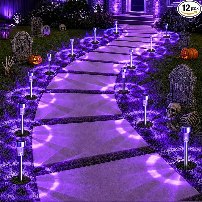 GIGALUMI Purple Solar Pathway Lights, 12-Pack Outdoor Halloween Decor | Waterproof LED stainless stakes for yard, garden, driveway, walkway. Purple glow creates spooky atmosphere.