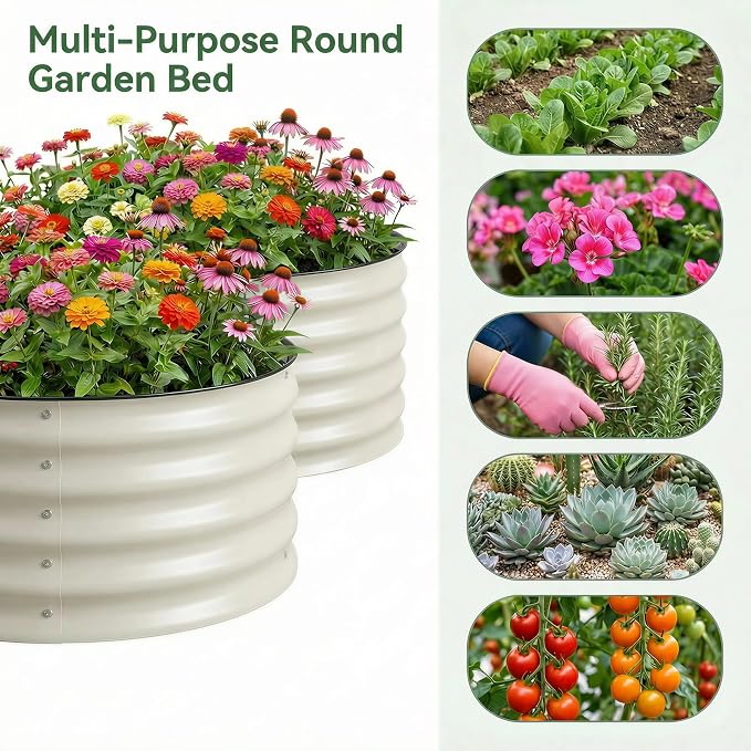 Sponvatt 3 Pcs Round Galvanized Raised Garden Bed Kit 24 x 12 Inch Metal Planter Box Outdoor with Safety Rubber Edge Trim Rust Proof Weather Resistant Circular Steel Garden Beds White 12 Inch Deep