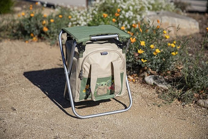 Picnic TIME Star Wars The Mandalorian Grogu Gardener Folding Seat with Tools, 5 Piece Garden Tool Set with Folding Stool and Detachable Tote Organizer, (Olive Green with Beige Accents)
