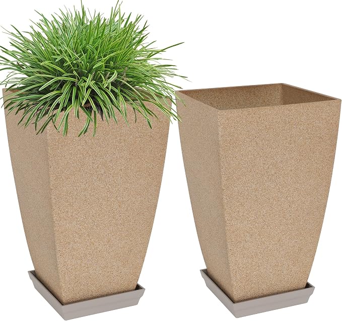 Neoaider Set of 2 Tall Planter, 21 inch Large Plastic Planter, Marble | Ceramic-Look, Lightweight, Built-in Drain Hole, Saucers, Tall Outdoor Planter for Porch, Garden, Patio, Balcony