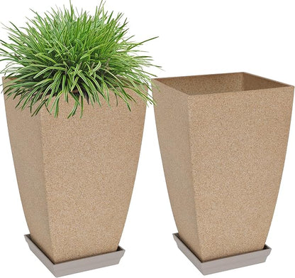 Neoaider Set of 2 Tall Planter, 21 inch Large Plastic Planter, Marble | Ceramic-Look, Lightweight, Built-in Drain Hole, Saucers, Tall Outdoor Planter for Porch, Garden, Patio, Balcony
