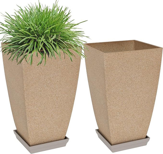 Neoaider Set of 2 Tall Planter, 21 inch Large Plastic Planter, Marble | Ceramic-Look, Lightweight, Built-in Drain Hole, Saucers, Tall Outdoor Planter for Porch, Garden, Patio, Balcony
