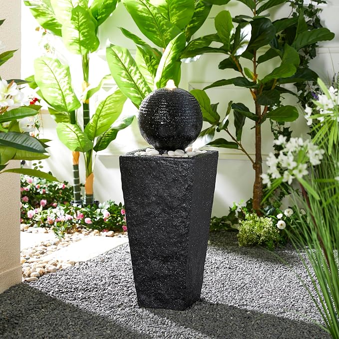 Glitzhome Outdoor Water Fountain with LED Light & Pump, Black Pedestal Sphere Fountain Decorative Water Fountains, Modern Waterfall Floor Fountain with Pebbles for Garden Patio Decor Porch, 31.75”H