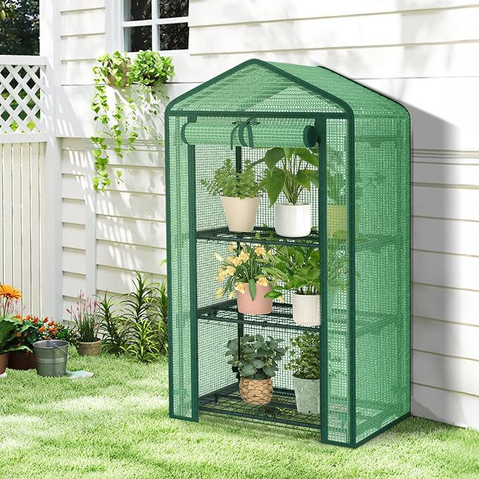 AlisisFores 3-Tier Greenhouse for Indoor and Outdoor Use, 4ft Tall Portable Mini Green House with Shelves, Zipper Door & PE Cover, for Seed Starting, Plants, Herbs, Balcony, Patio Gardening