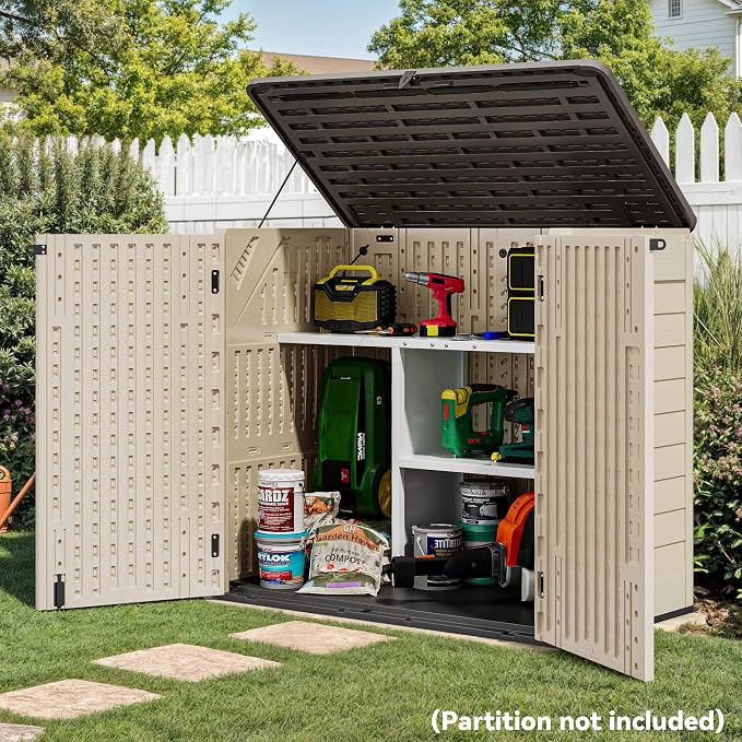 YITAHOME 30 cuft Outdoor Storage Shed w/o Shelf, Horizontal Storage Cabinet for Garden Tool, Waterproof Storage Shed Plastic for Garage, Resin Pool Storage, Easy to Assemble, Khaki & Brown