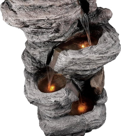 Teamson Home 39.37 in. Outdoor Faux Stacked Stone 4-Tier Water Fountain with LED Lights and Pump, Gray | Faux Stone, Patio Waterfall Feature, LED Lights & Pump, For Yard, Deck, Landscaping