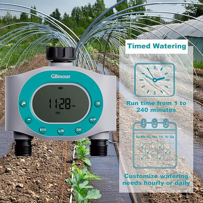Gilmour Dual Outlet Water Timer for Garden Hose, Programmable Automatic Watering System, LCD Screen, Rain Delay, Battery Operated