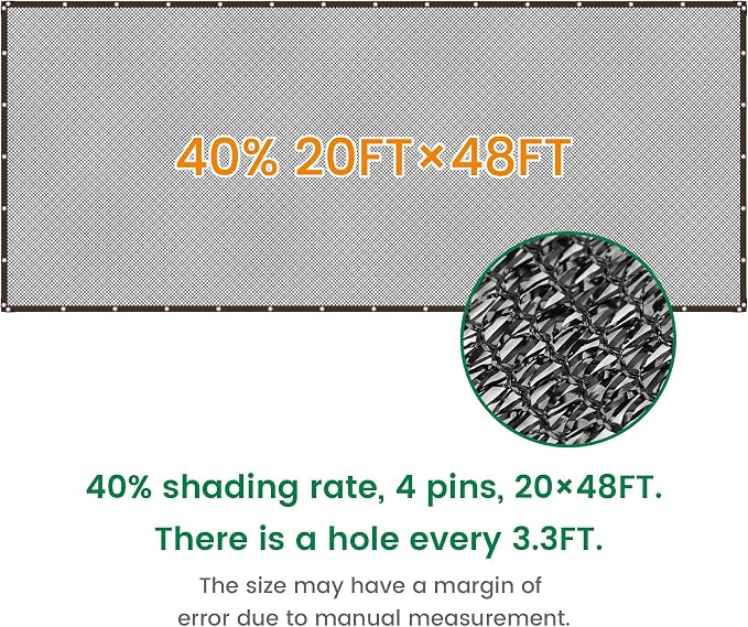 Shade Cloth, 20FT X 48FT 40% Black Outdoor Woven Sun Shade with Grommets, Durable Breathable Netting Shading Antifreezing for Patio, Garden, DIY Home, Plants Cover, Greenhouse, Dog Kennel