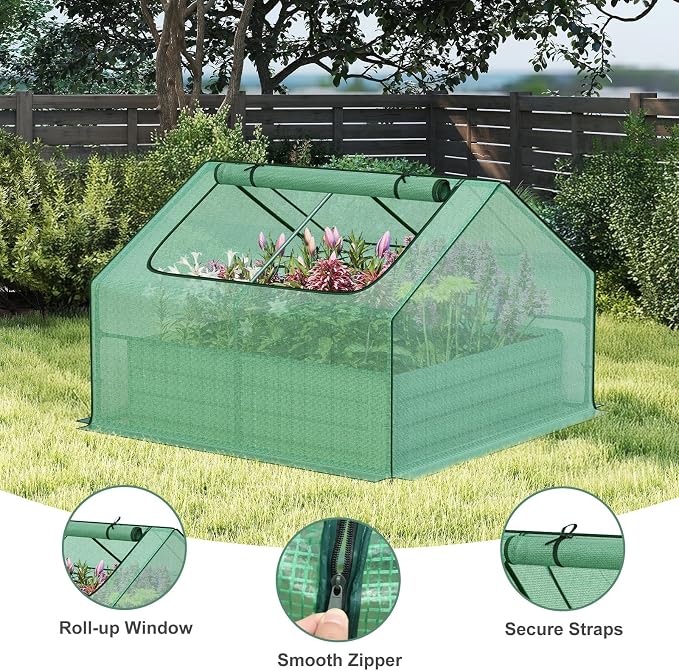 Aoodor 4 x 4 x 1 ft Galvanized Raised Garden Bed, Mini Greenhouse Kit with 2 Roll-up Zipper Doors for Vegetables, Flowers, and Herbs,Green