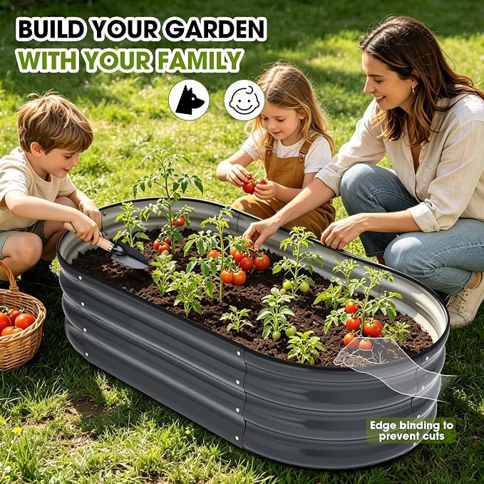 4x2x1ft(2 Pack) Galvanized Raised Garden Bed Outdoor, Oval Large Metal Planter Garden Boxes for Gardening, Planting Deep Root Vegetables, Herbs, Fruits, Flower, Rustproof, Rubber Strip, Gray