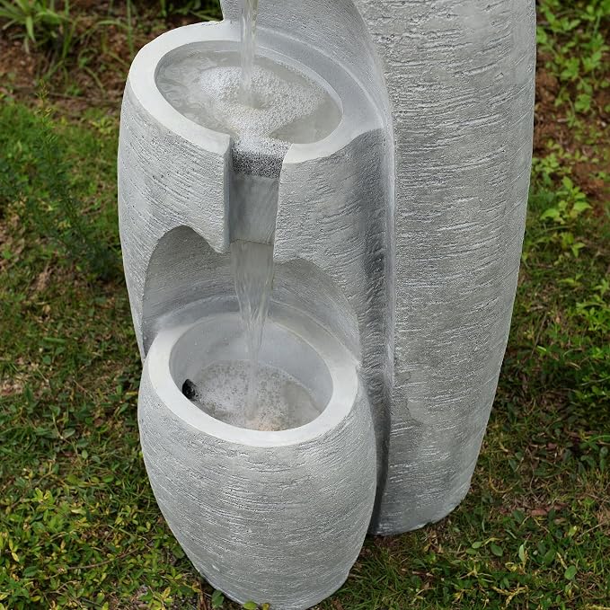 Teamson Home 3-Tier Cascading Urn Outdoor Water Fountain, Gray | Warm Glow Lighting, Adjustable Flow, Electric Pump