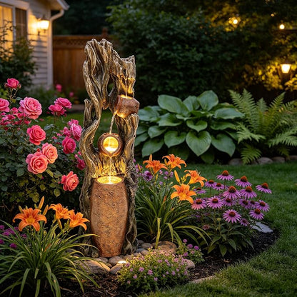 42.7" 3-Tier Outdoor Water Fountain LED Tree Trunk Jar Waterfall | vintage terra-cotta pots, patio backyard garden,Serene Relaxing Porch Decor