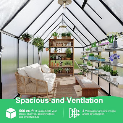 GarveeLife 6x11FT Aluminum Large Walk-in Greenhouses for Outside, Polycarbonate Greenhouse with Aluminum Frame, Greenhouse with Ventilation and Rain Gutter, Polycarbonate Greenhouses for Outdoors