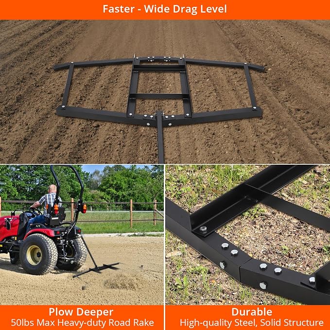 Hipicute Driveway Drag 74" Drag Harrow Driveway Grader Steel Tow Behind Lawn Rake with Adjustable Bars, Driveway Tractor Harrow Driveway Grader for ATVs, UTVs,Tractor, Mower