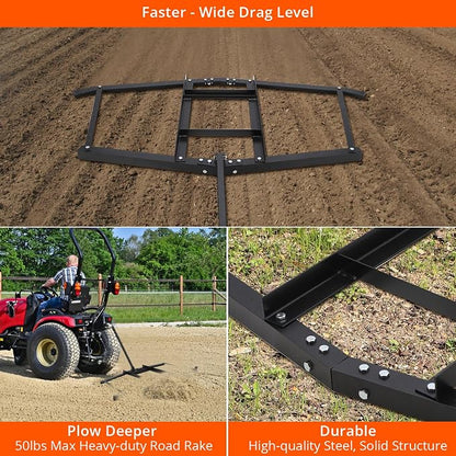 Hipicute Driveway Drag 66" Drag Harrow Driveway Grader Steel Tow Behind Lawn Rake with Adjustable Bars, Driveway Tractor Harrow Driveway Grader for ATVs, UTVs,Tractor, Mower