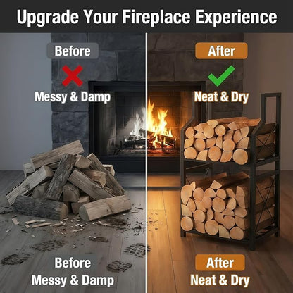 Firewood Rack Indoor Outdoor - 31.5" Vertical Log Holder with Kindling Storage, Heavy Duty 2-Tier Steel Wood Stacker Stand with X-Guardrails for Fireplace, Patio, Porch, Black