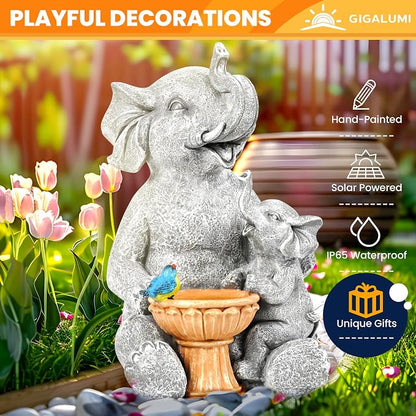 GIGALUMI Solar Garden Statues Bird Bath Elephant 9", Loving Elephant Decor, Yard Decorations Outdoor, Elephant Figurine Lights for Outside, Garden Decor Unique Housewarming Gifts for Women, Mom