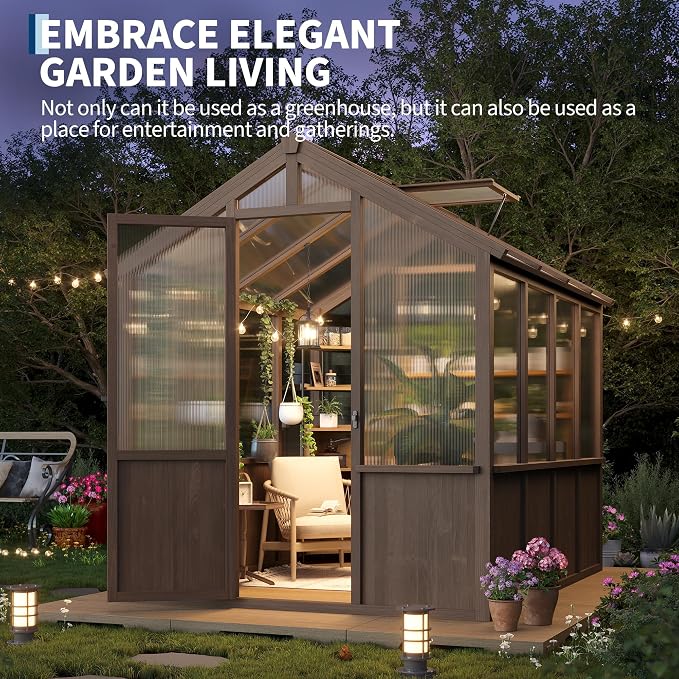 Garvee 6x8 FT Wooden Greenhouse - Walk-in Greenhouses for Outdoors, Large Spruce Frame Green House with PC Panels, Adjustable Roof Vents & Lockable Door, Green Houses for Garden,Backyard,Patio,Lawn