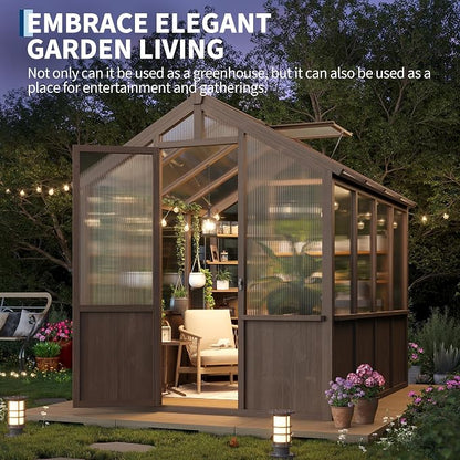 Garvee 6x8 FT Wooden Greenhouse - Walk-in Greenhouses for Outdoors, Large Spruce Frame Green House with PC Panels, Adjustable Roof Vents & Lockable Door, Green Houses for Garden,Backyard,Patio,Lawn