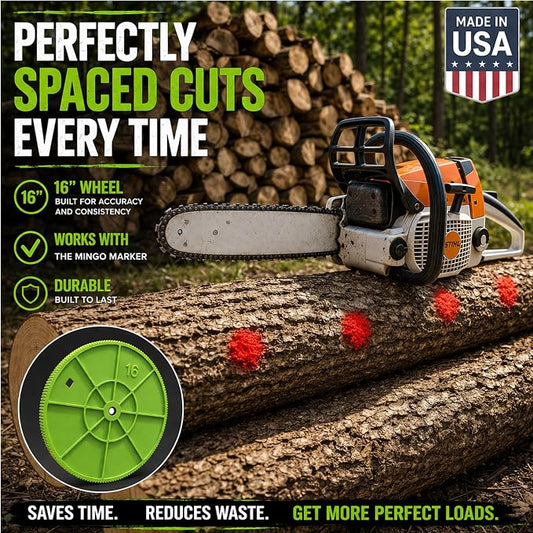 THE MINGO Ultimate Firewood Measuring Tool - Chainsaw Fire wood Marking Tool With Marking Wheels - Log Paint Marker -Measuring Accessory For Chainsaw - Logging Accessory (Mingo Marker With 16" Wheel)
