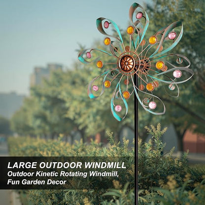 Large Metal Wind Spinners Outdoor, Double-Layer Yard Wind Spinner Outdoor with Stake, Kinetic Windmill for Yard and Garden, Lawn, Patio (60"× 14")