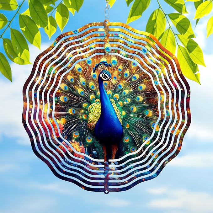 FLAGWIX Peacock Wind Spinners Outdoor - 3D Stainless Steel Metal Kinetic Spinner 12 inch - Gardening Gifts for Women, Peacock Yard Art Home Garden Decor, Gifts for Outside