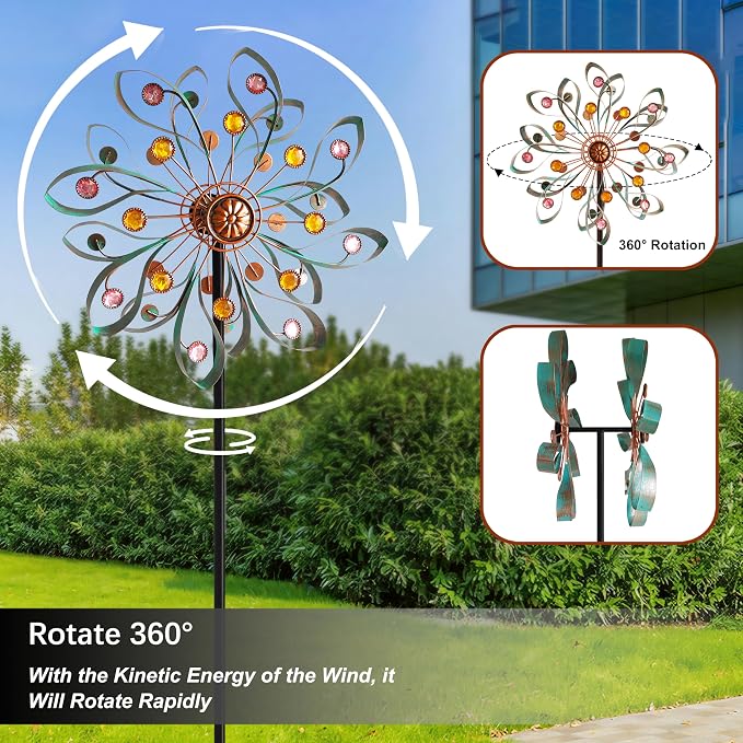 Large Metal Wind Spinners Outdoor, Double-Layer Yard Wind Spinner Outdoor with Stake, Kinetic Windmill for Yard and Garden, Lawn, Patio (60"× 14")