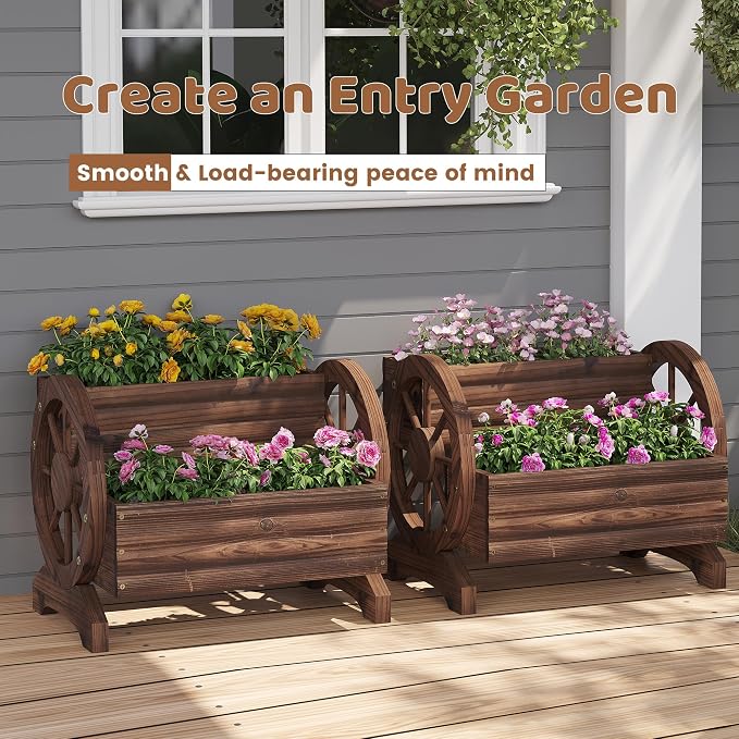 Wooden Wagon Planters for Outdoor Plants, Flower Cart, Wood Planter Boxes Outdoor, Backyard Decor, Flower Planters Outdoor with Wheels Planter for Flowers Vegetables (Carbonized)