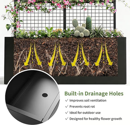 Privacy Planters for Patio – Metal Raised Garden Bed with Trellis and Privacy Screen, 71" x 35" x 16" Planter Box with Drainage Holes for Climbing Plants, Vegetables, and Vines, Outdoor Backyard Black