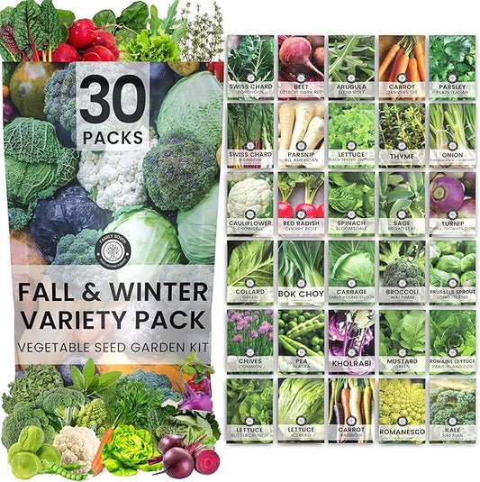 Fall & Winter Seed Variety Pack | 30 Invidiual Packs | 2026 Season | Non-GMO | Beets, Arugula, Carrots, Lettuce & More! | for Planting Indoor & Outdoor | by Family Sown