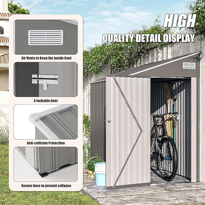 YOPTO 4×8 FT Outdoor Metal Storage Shed,Heavy-Duty Lean to Storage Shed with Lockable Single Side Hinge Door,Waterproof Metal Storage Tool House W/Sloping Roof,Air Vent&Protect Film,for Backyard,Gray