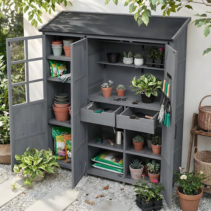 Merax Outdoor Wood Large Garden Storage Shed with Waterproof Roof, Patio 3 Doors Storage Cabinet with Workstation, 7 Storage Shelves, 2 Drawers and 6 Hooks for Backyard, Gray