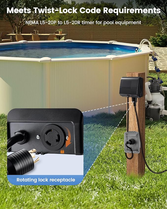 SURAIELEC Digital Pool Timer for Above Ground Pools, NEMA L5-20R Twist-Lock Plug-in Timer, 20A 125V 1HP, Programmable 7-Day Schedule, Weatherproof Cover, for Pool Pumps, Heaters and Lights