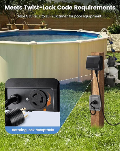 SURAIELEC Digital Pool Timer for Above Ground Pools, NEMA L5-20R Twist-Lock Plug-in Timer, 20A 125V 1HP, Programmable 7-Day Schedule, Weatherproof Cover, for Pool Pumps, Heaters and Lights