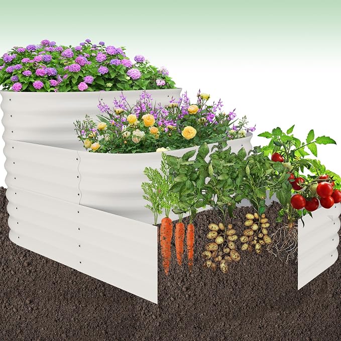 IDEALHOUSE 3-Tier Galvanized Raised Garden Bed 60.6x42.1x30.7 Inch, Exclusive Layered Planting Design for Shallow & Deep Root Plants, Eliminates Root Competition, Maximize Vertical Space, White