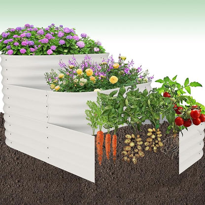 IDEALHOUSE 3-Tier Galvanized Raised Garden Bed 60.6x42.1x30.7 Inch, Exclusive Layered Planting Design for Shallow & Deep Root Plants, Eliminates Root Competition, Maximize Vertical Space, White