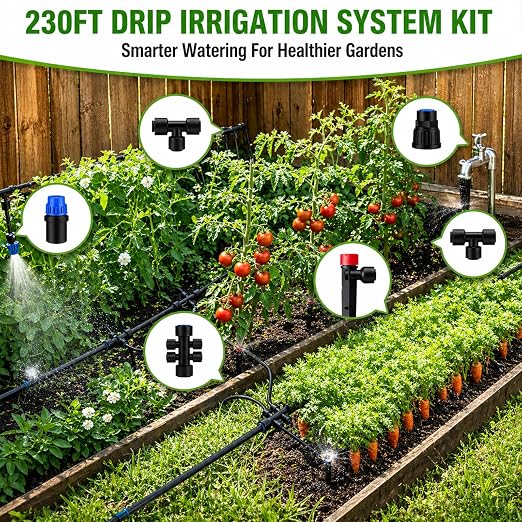 230FT Drip Irrigation System Kit, Quick Push-to-Connect Auto Garden Watering Irrigation System with 33FT 1/2'' & 197FT 1/4'' Tubing, Adjustable Dripper Sprayers for Raised Bed, Lawn, Greenhouse