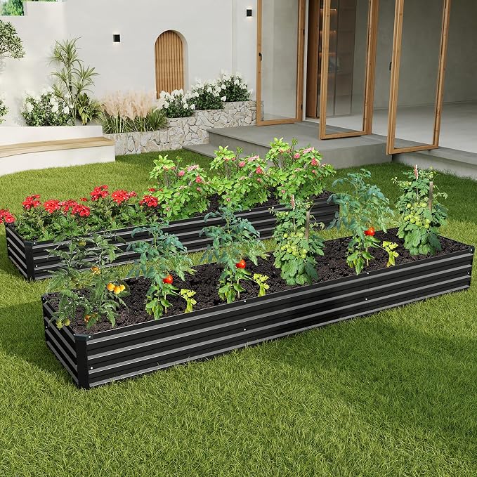 2PCS 12x2x1ft Galvanized Raised Garden Bed Kit,Gardening Planter Box | Outdoor Elevated Metal Planter Box For Vegetables, Flowers, Herbs, Anti-Rust Galvanized Steel, Open Drainage, Sturdy (Black)