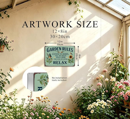 Garden Rules Metal Sign, Vintage Relax Garden Wall Art with Bird Sunflower, Retro Outdoor Decor Plaque for Patio Porch Yard She Shed Greenhouse Home Garden Decor 8x12 Inch