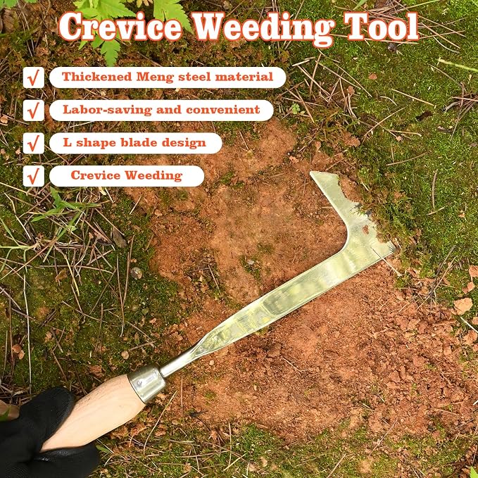 BokingOne 3-Sided Crevice Weeder - 12.6" Stainless Steel Garden Weeding Tool with Beech Handle, L-Shaped Crevice Weeder Sickle for Garden Lawn, Yard Patio Terrace, Paving Gaps