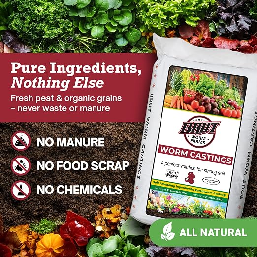 Brut Worm Farms 30 LB Organic Worm Castings, Natural Fertilizer for Indoor Outdoor Plants – Compost Soil Control, Mineral-Rich Potting Mix Additive Plant Food for Soil Health and Garden Growth