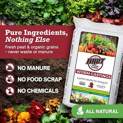 Brut Worm Farms 30 LB Organic Worm Castings, Natural Fertilizer for Indoor Outdoor Plants – Compost Soil Control, Mineral-Rich Potting Mix Additive Plant Food for Soil Health and Garden Growth