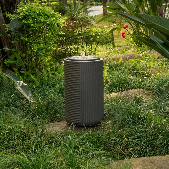 23.22” H Outdoor Water Fountain Made with Eco-Friendly Recyclable Materials, Polyethylene Round Bubbler Water Fountain Outdoor, Garden Decor with LED Light for Patio, Porch, Backyard