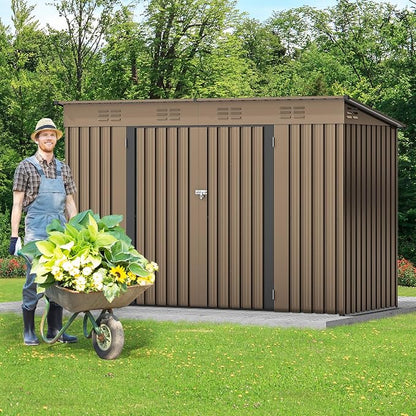 DWVO 9x4ft Large Outdoor Storage Shed, Metal Tool Sheds, Heavy Duty Tool Storage with Lockable Doors & Air Vent for Backyard Patio Lawn to Store Bikes, Tools, Lawnmowers,Brown